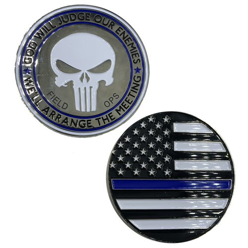 SK-001 Field OPs Thin Blue Line Skull God Will Judge Challenge Coin Police Law Enforcement PD - www.ChallengeCoinCreations.com
