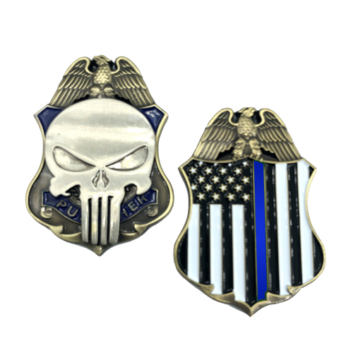 Thin Blue Line Skull Badge Challenge Coin LEO Police Law Enforcement Officer SK-031 - www.ChallengeCoinCreations.com