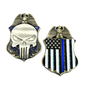 Thin Blue Line Skull Badge Challenge Coin LEO Police Law Enforcement Officer SK-031 - www.ChallengeCoinCreations.com
