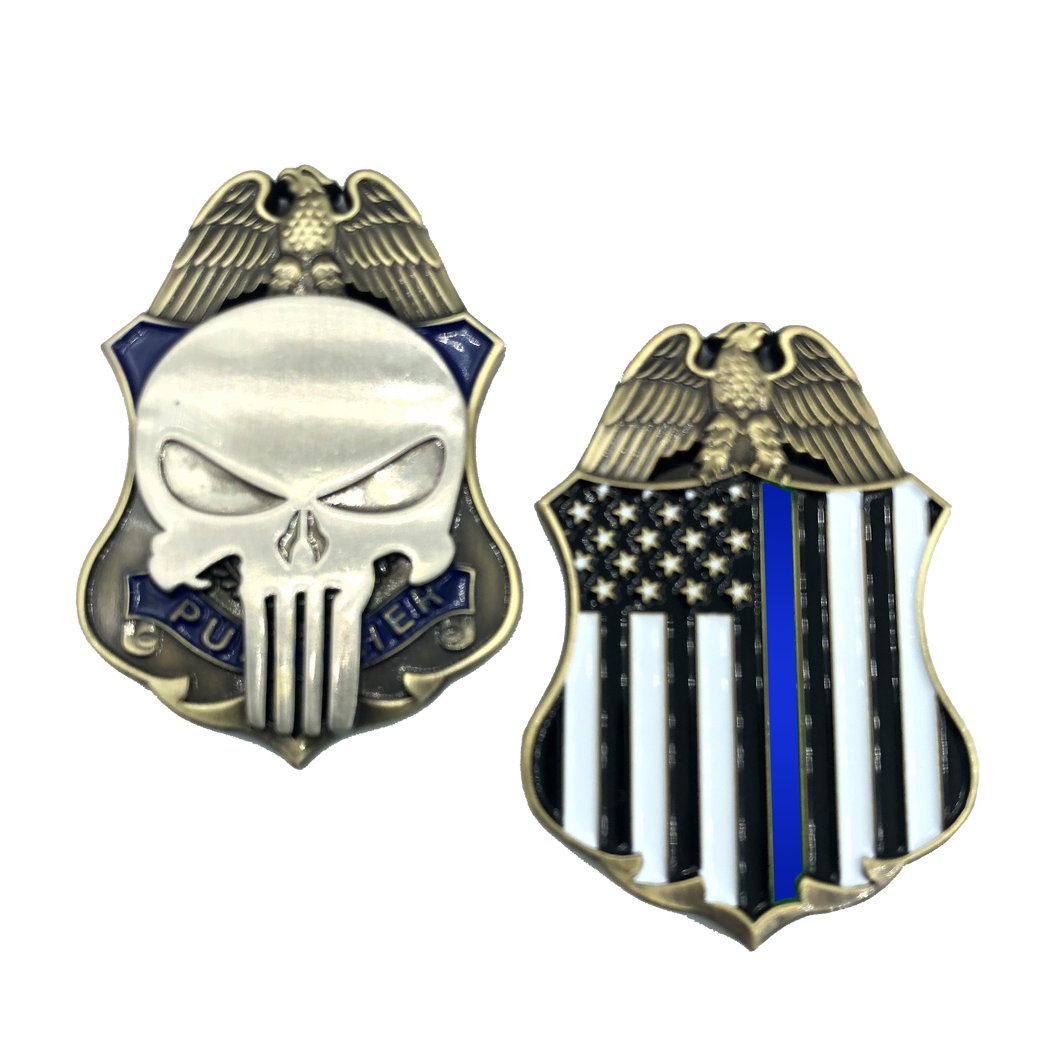 Thin Blue Line Skull Badge Challenge Coin LEO Police Law Enforcement Officer SK-031 - www.ChallengeCoinCreations.com