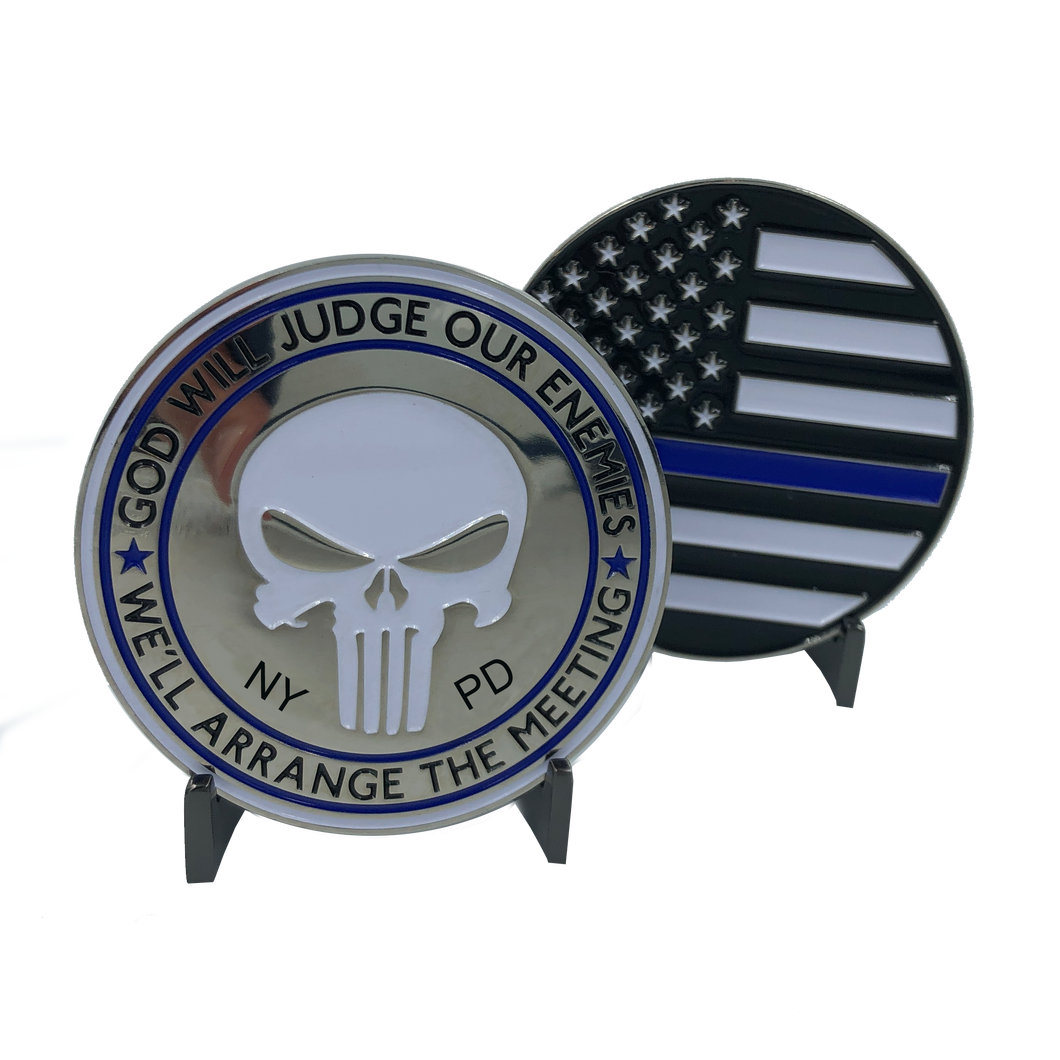 SK-007 NYPD Thin Blue Line Skull God Will Judge Challenge Coin Police Law Enforcement PD - www.ChallengeCoinCreations.com