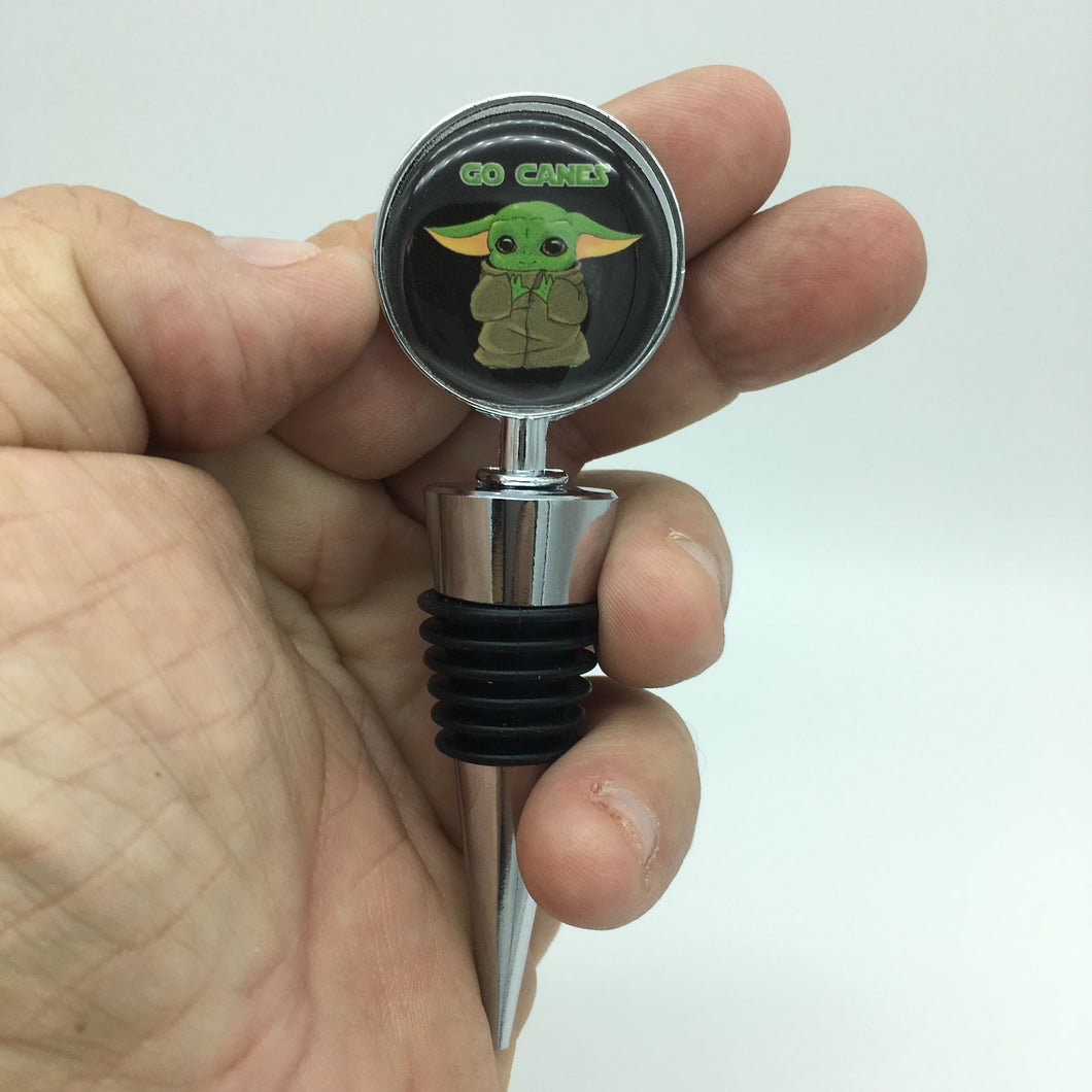 UM University of Miami Baby Yoda Grogu  Tailgate Wine Bottle Stopper This Is The Way - www.ChallengeCoinCreations.com