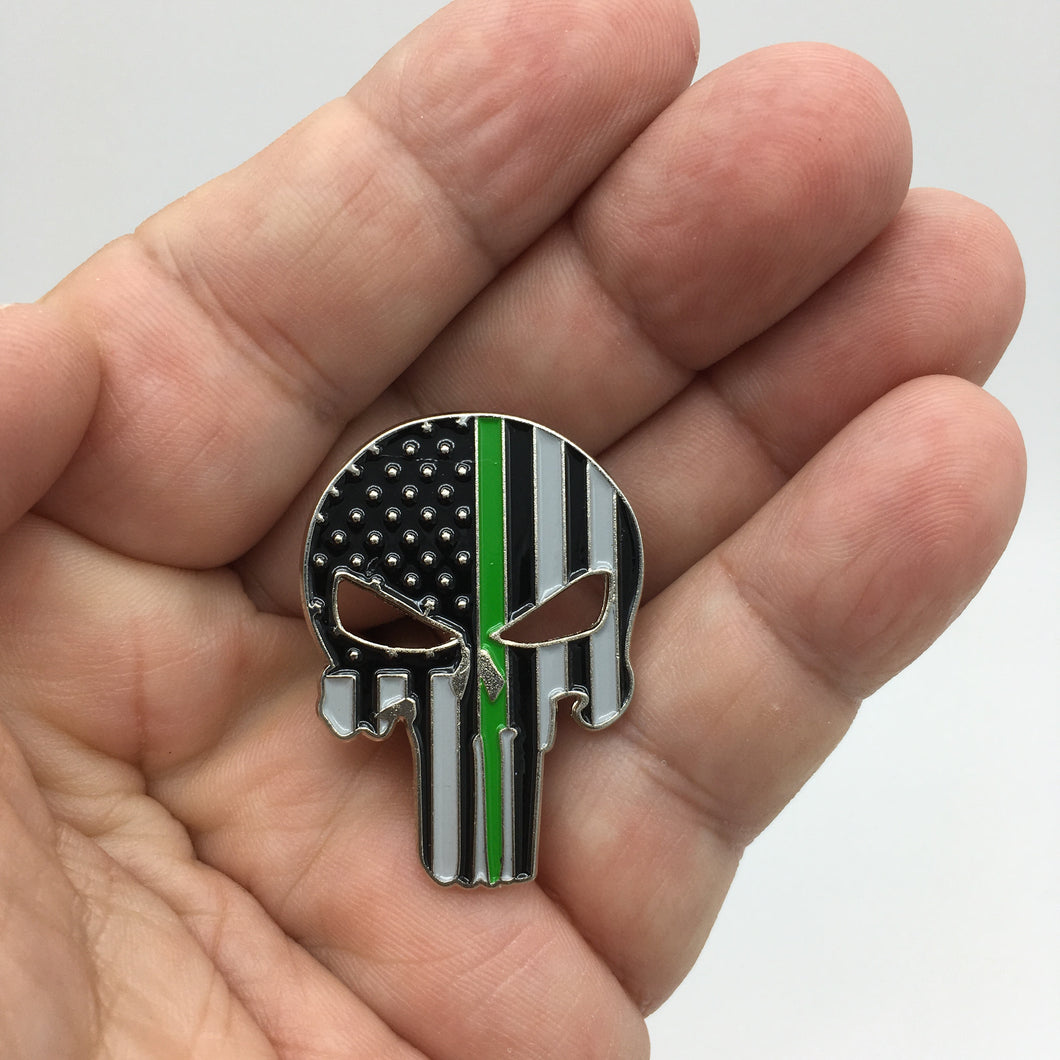Thin Green Line Skull Pin with Dual Pin posts and Deluxe Safety Locking Clasps P-022 - www.ChallengeCoinCreations.com