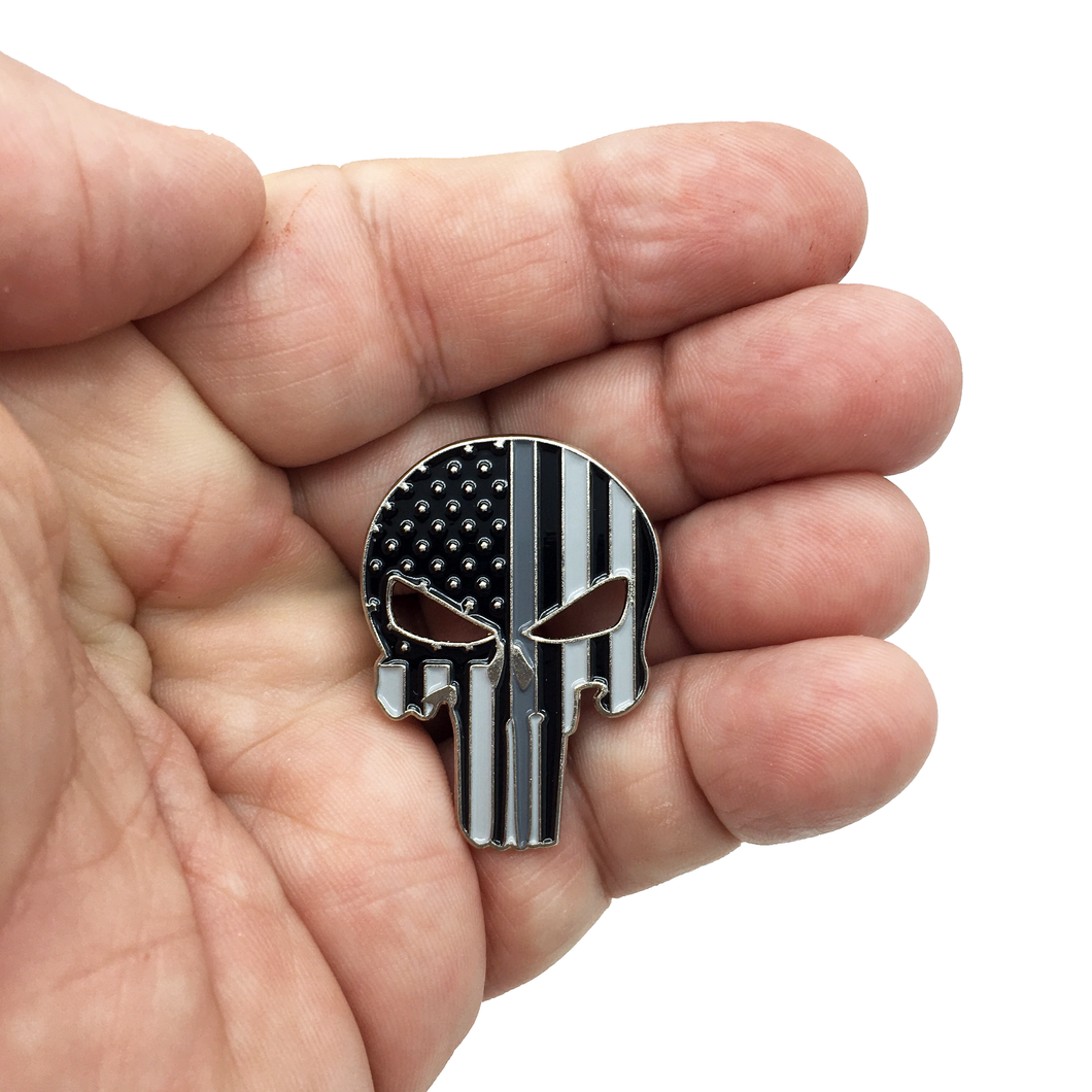 Thin Gray Grey Line Skull Pin with Dual Pin posts and Deluxe Safety Locking Clasps P-019 - www.ChallengeCoinCreations.com