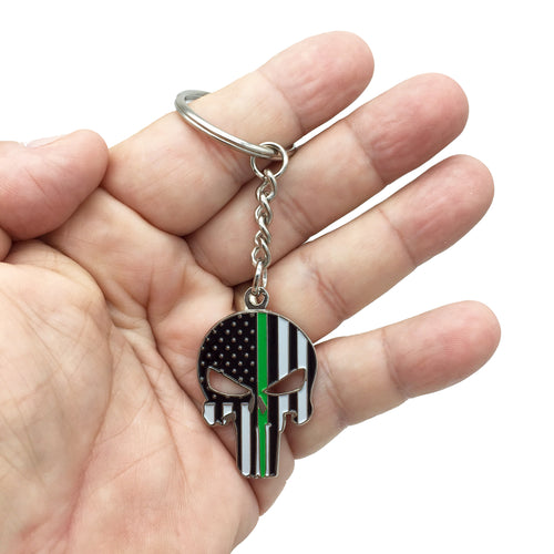 Skull Thin Green Line Police American Flag USA Keychain with Swivel and Keyring Border Patrol, Deputy Sheriff, Marines, Army, Veteran KC-021 - www.ChallengeCoinCreations.com