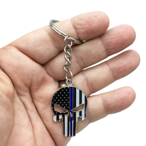 Skull Thin Blue Line Police American Flag USA Keychain with Swivel and Keyring KC-023 - www.ChallengeCoinCreations.com