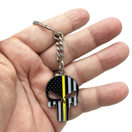 Skull Thin Gold Line Police 911 Dispatcher American Flag USA Keychain with Swivel and Keyring Emergency Operator KC-020 - www.ChallengeCoinCreations.com