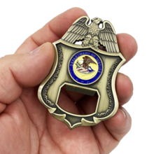 Load image into Gallery viewer, INS Challenge Coin Bottle Opener Legacy Immigration Inspector Special Agent DOJ not CBP DL3-04 - www.ChallengeCoinCreations.com