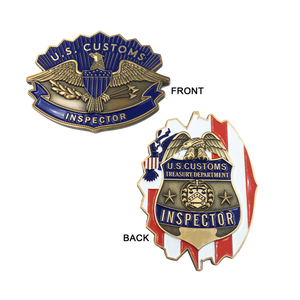 Legacy U.S. Customs Inspector Challenge Coin Hat Device front shield on flag back JJ-010