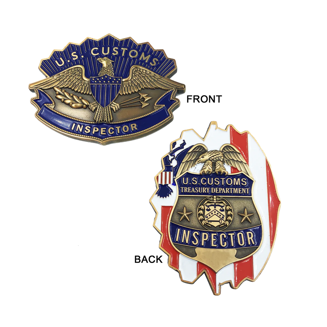 Legacy U.S. Customs Inspector Challenge Coin Hat Device front shield on flag back JJ-010