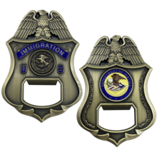 Load image into Gallery viewer, INS Challenge Coin Bottle Opener Legacy Immigration Inspector Special Agent DOJ not CBP DL3-04 - www.ChallengeCoinCreations.com
