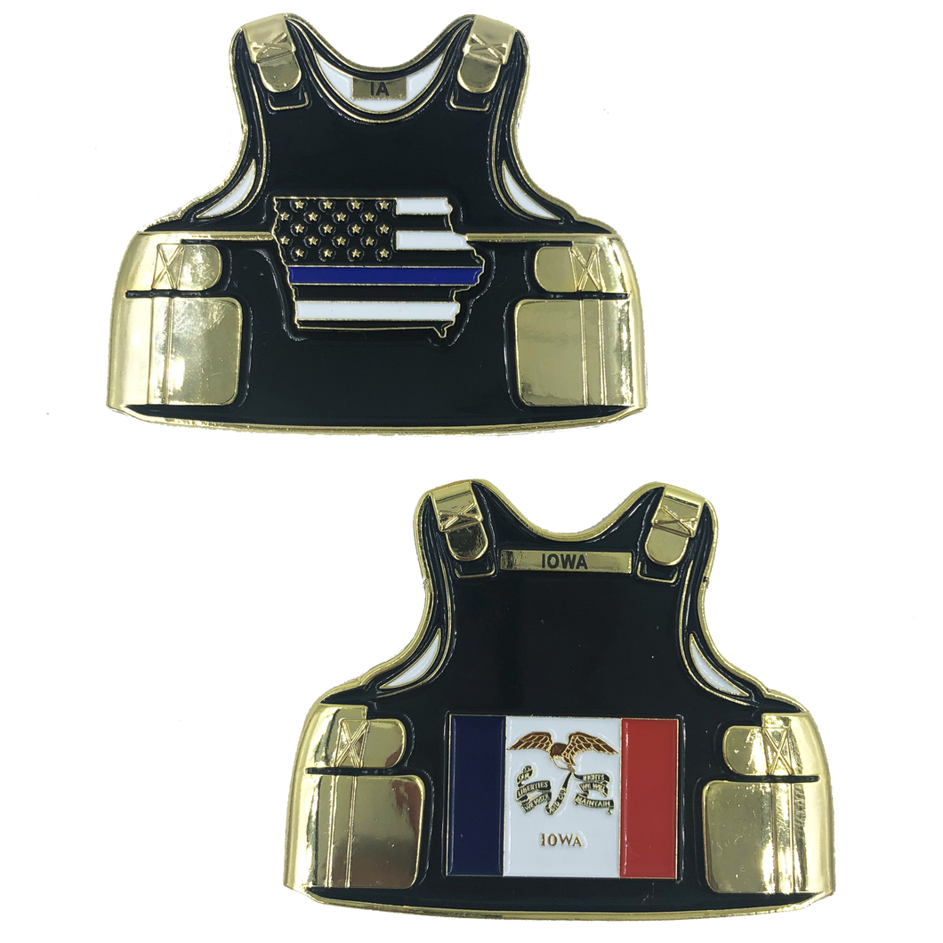IOWA LEO Thin Blue Line Police Body Armor State Flag Challenge Coins C-022 - www.ChallengeCoinCreations.com
