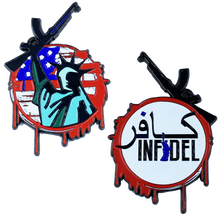 Load image into Gallery viewer, Infidel Statue of Liberty American Flag M4 Thin Blue Line Challenge Coin Police NYPD LAPD CBP FBI FAM DL8-08 - www.ChallengeCoinCreations.com