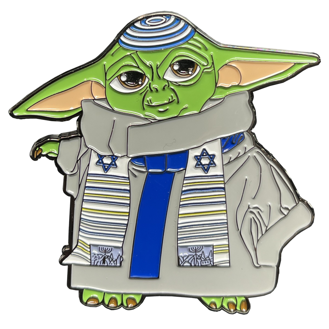 Jewish Yoda inspired pin with Yarmulke Kippah Hanukkah Passover Star Wars themed Bar Mitzvah parody EL9-006 - www.ChallengeCoinCreations.com