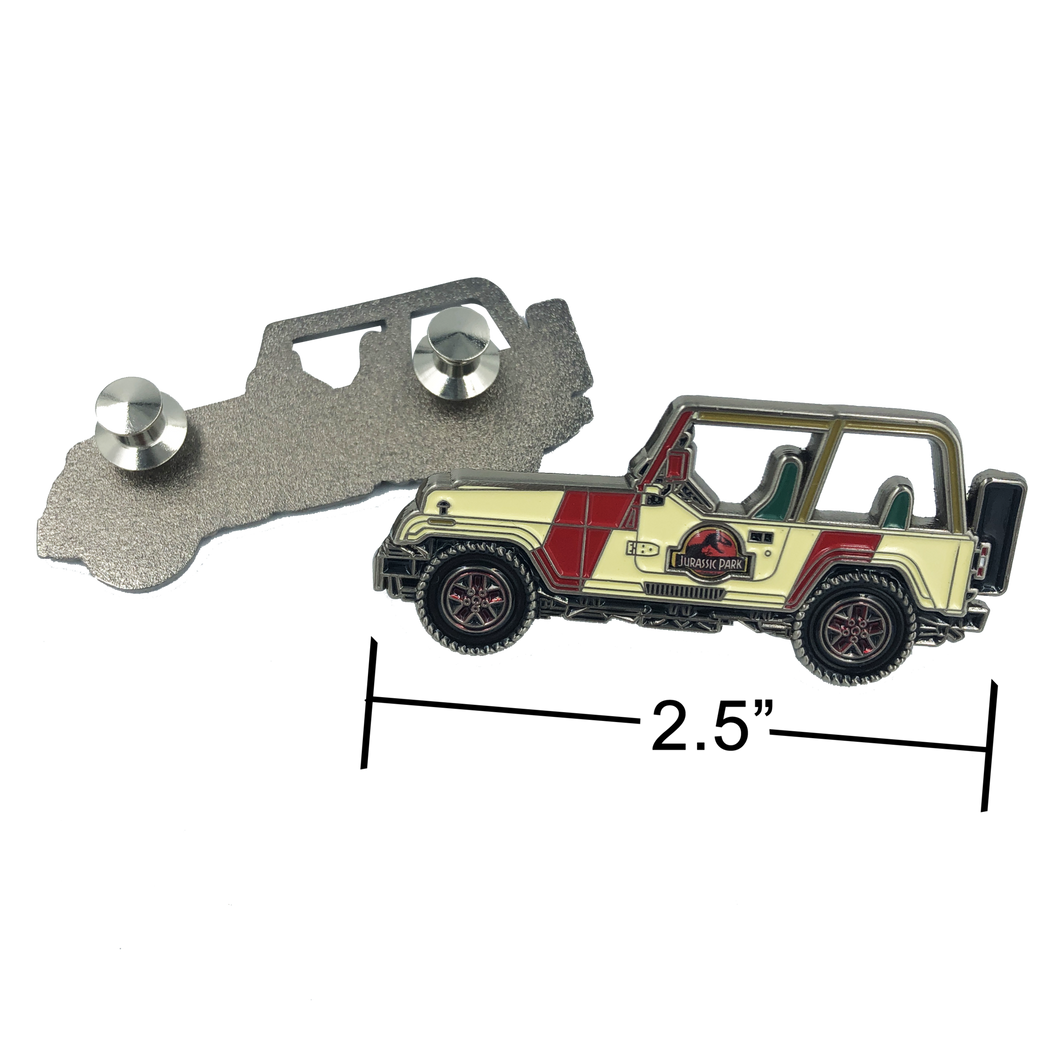 Jurassic Park inspired Jeep pin (2.5 inch with 2 pin posts and spring loaded clasps) EE-009 - www.ChallengeCoinCreations.com