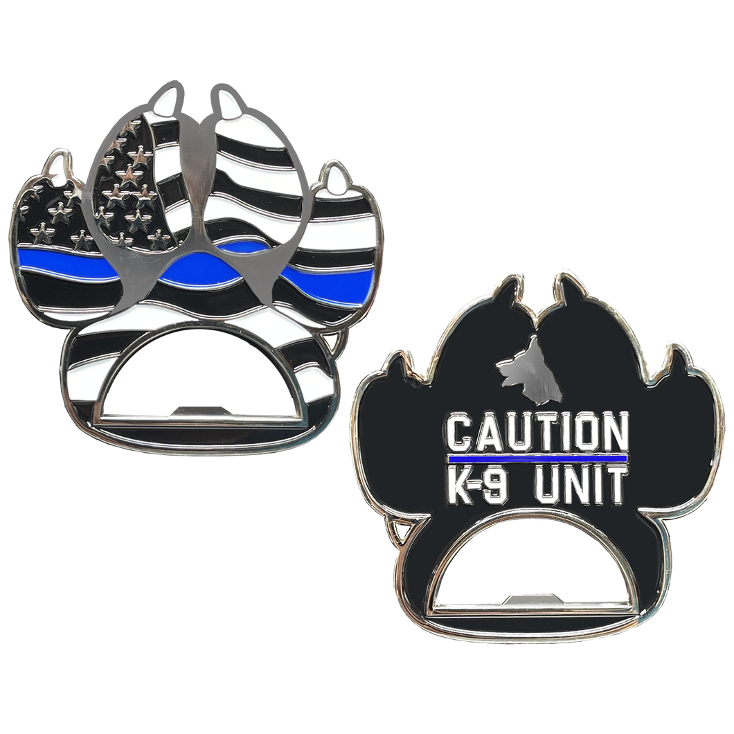 Thin Blue Line Police Canine K9 unit paw bottle opener challenge coin BL15-011 - www.ChallengeCoinCreations.com