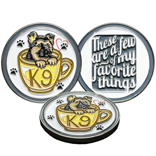 Cute K9 Puppy in coffee mug canine challenge coin police service dog handler BL14-003 - www.ChallengeCoinCreations.com