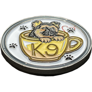 Cute K9 Puppy in coffee mug canine challenge coin police service dog handler BL14-003 - www.ChallengeCoinCreations.com