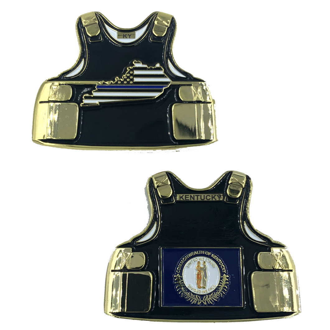 Kentucky LEO Thin Blue Line Police Body Armor State Flag Challenge Coins D-012 - www.ChallengeCoinCreations.com
