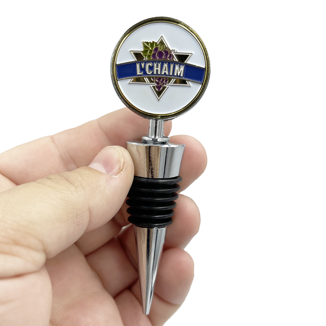 L'Chaim Wine Bottle Stopper Bottle gift present ornament Hanukkah Passover Bar Mitzvah Bat Mitzvah Jewish Israel Shabbot Shabbos Manischewitz BL1-13A - www.ChallengeCoinCreations.com