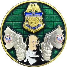 Load image into Gallery viewer, Skull Statue of Liberty Benjamin Franklin Revolvers CBP Border Patrol Agent Challenge Coin BL17-001 - www.ChallengeCoinCreations.com