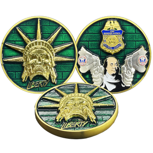 Skull Statue of Liberty Benjamin Franklin Revolvers CBP Border Patrol Agent Challenge Coin BL17-001 - www.ChallengeCoinCreations.com