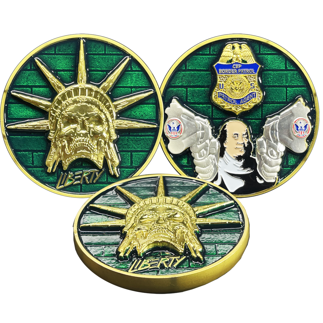 Skull Statue of Liberty Benjamin Franklin Revolvers CBP Border Patrol Agent Challenge Coin BL17-001 - www.ChallengeCoinCreations.com
