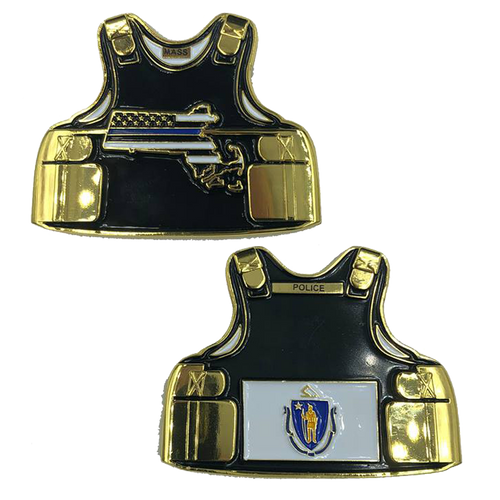 Massachusetts LEO Thin Blue Line Police Body Armor State Flag Challenge Coins D-013 - www.ChallengeCoinCreations.com