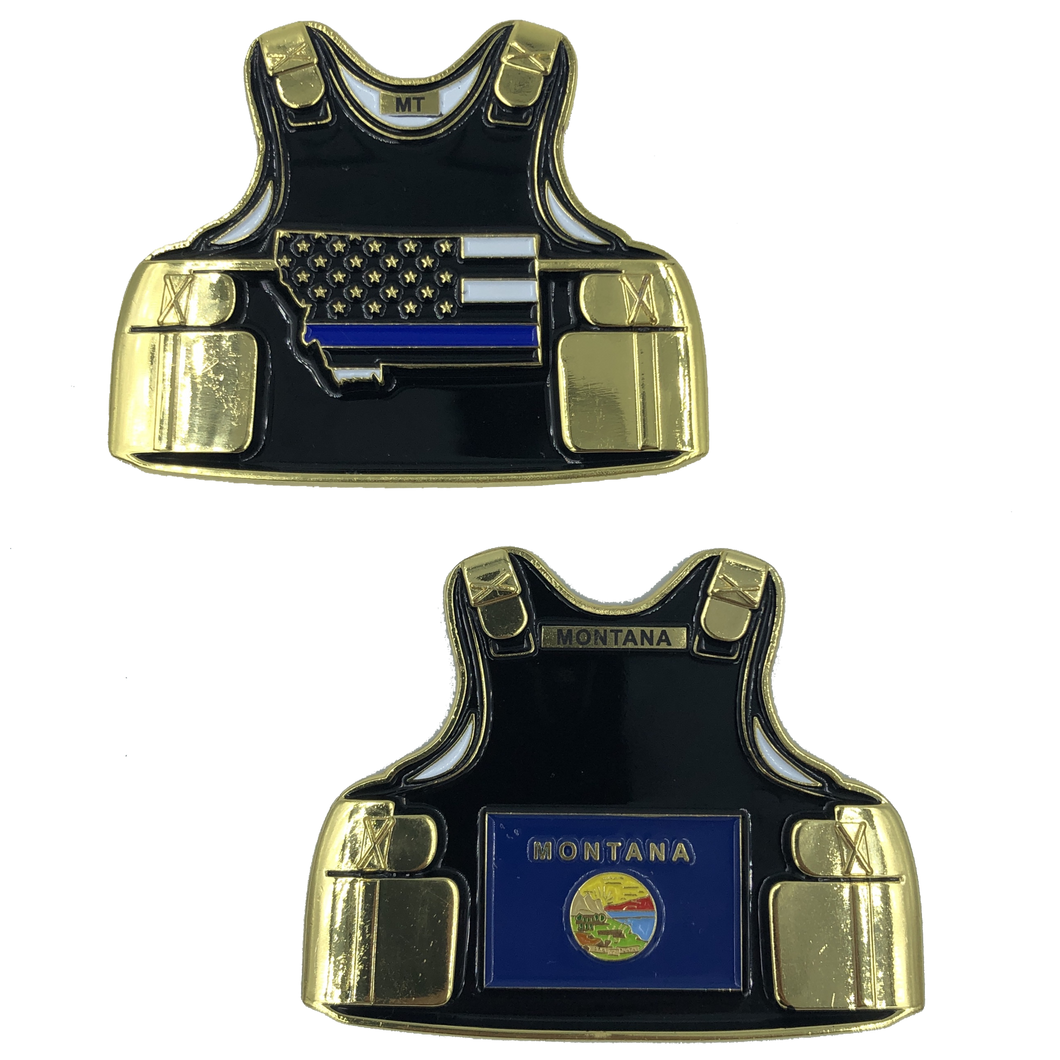 Montana LEO Thin Blue Line Police Body Armor State Flag Challenge Coins C-014 - www.ChallengeCoinCreations.com