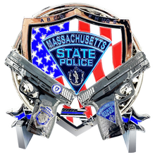 Load image into Gallery viewer, MSP Big Medallion Massachusetts State Police Trooper Large Challenge Coin with M&amp;P Smith &amp; Wesson S&amp;W BL17-016 - www.ChallengeCoinCreations.com