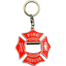 Load image into Gallery viewer, Maltese Cross Bottle Opener keychain Fire Department Challenge Coin Fire Fighter keyring BL3-017 KC-030