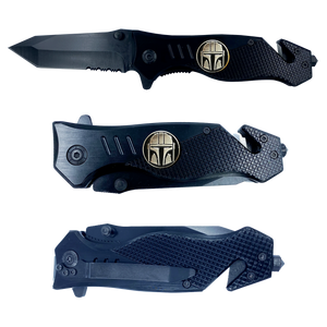 Mandalorian inspired 3-in-1 Police Tactical Star Wars parody Rescue Knife with Seatbelt Cutter, Steel Serrated Blade, Glass Breaker  14-K - www.ChallengeCoinCreations.com