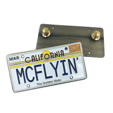 Load image into Gallery viewer, MCFLYIN Back to the Future License Plate Medallion Pin with dual pin backs Marty MyFly OUTATIME alternative FF-018 - www.ChallengeCoinCreations.com