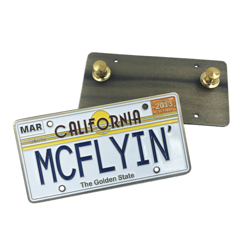 MCFLYIN Back to the Future License Plate Medallion Pin with dual pin backs Marty MyFly OUTATIME alternative FF-018 - www.ChallengeCoinCreations.com