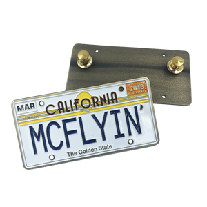 MCFLYIN Back to the Future License Plate Medallion Pin with dual pin backs Marty MyFly OUTATIME alternative FF-018 - www.ChallengeCoinCreations.com