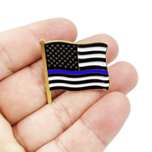 Load image into Gallery viewer, Thin Blue Line Police Department American Waving Flag Lapel Pin 1.25&quot; with 2 pin posts and deluxe clasps, U.S. Stars are Stripes P-009 - www.ChallengeCoinCreations.com