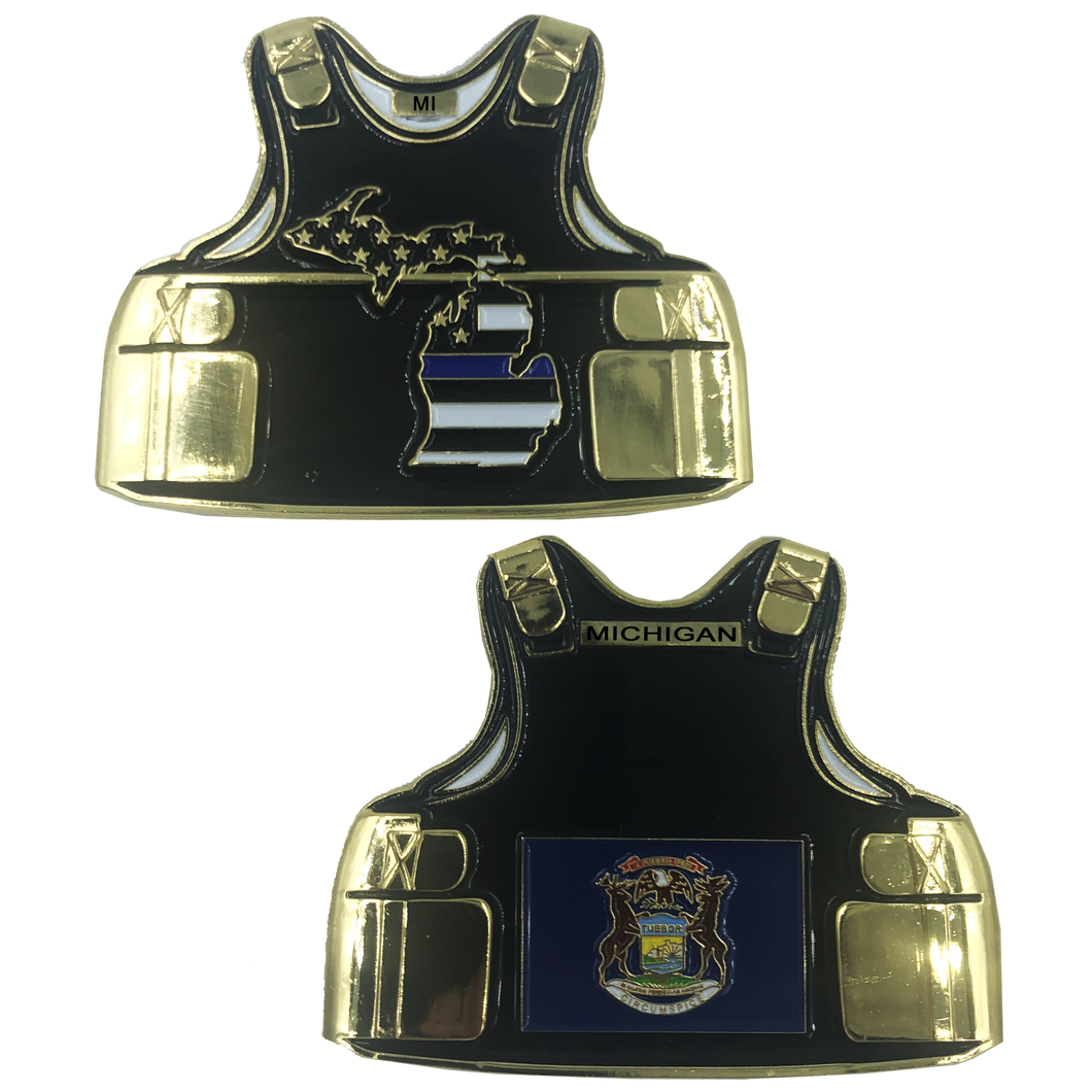 C-010 Michigan LEO Thin Blue Line Police Body Armor State Flag Challenge Coins - www.ChallengeCoinCreations.com
