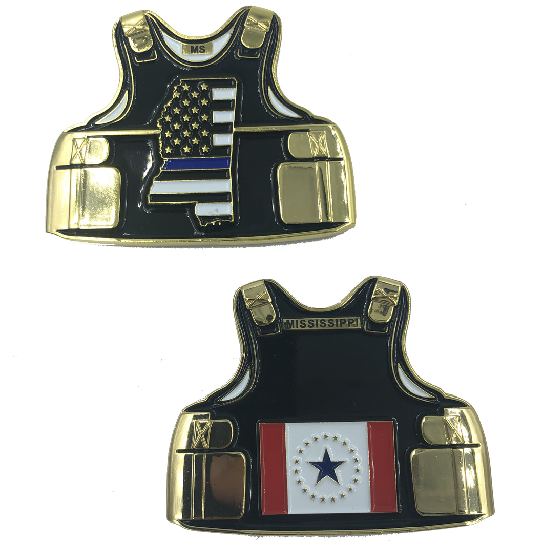 New Mississippi LEO Thin Blue Line Police Body Armor State Flag Challenge Coins D-015 - www.ChallengeCoinCreations.com