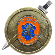 Load image into Gallery viewer, Nassau County Police Department Shield with removable Sword Challenge Coin Set Long Island NCPD BL8-002 - www.ChallengeCoinCreations.com