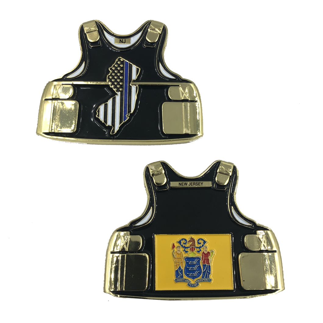 NEW JERSEY LEO Thin Blue Line Police Body Armor State Flag Challenge Coins NJ D-017 - www.ChallengeCoinCreations.com