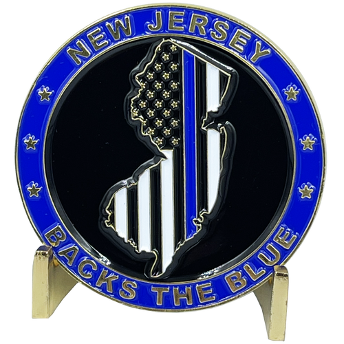 New Jersey NJ Backs The Blue Thin Blue Line Police Challenge Coin with free matching State Flag pin Sheriff NJSP Newark BL3-004 - www.ChallengeCoinCreations.com