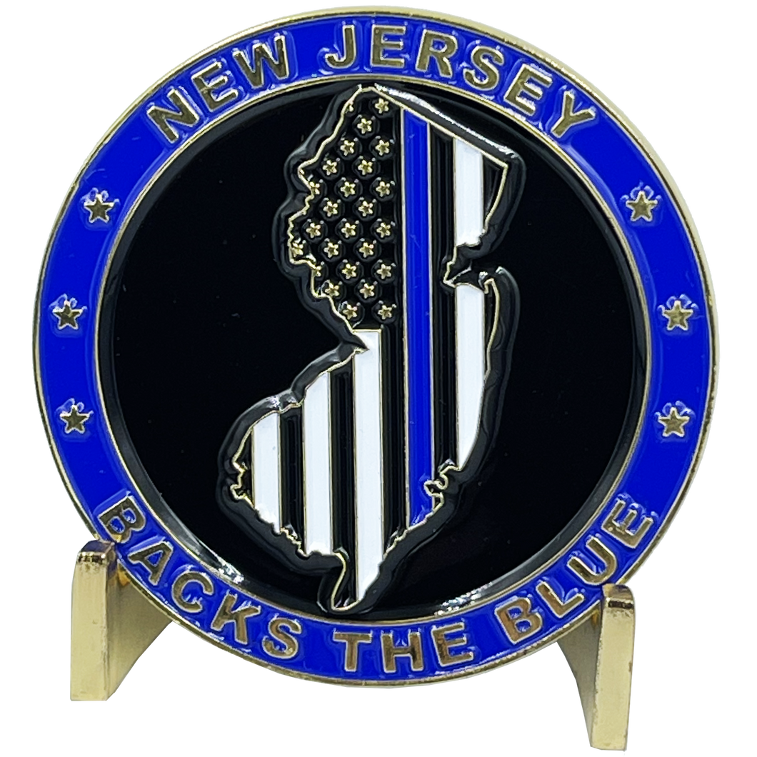 New Jersey NJ Backs The Blue Thin Blue Line Police Challenge Coin with free matching State Flag pin Sheriff NJSP Newark BL3-004 - www.ChallengeCoinCreations.com