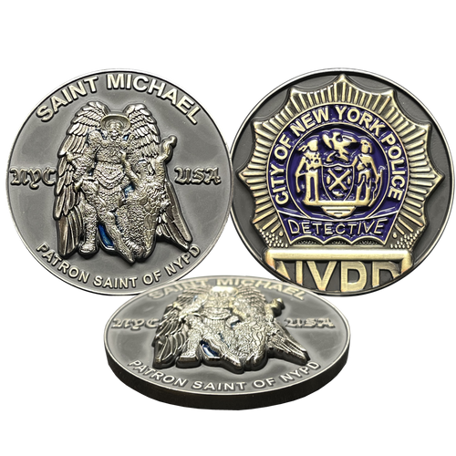 New York City Police Department Detective Saint Michael Patron Saint Challenge Coin ST. MICHAEL BL13-013 - www.ChallengeCoinCreations.com
