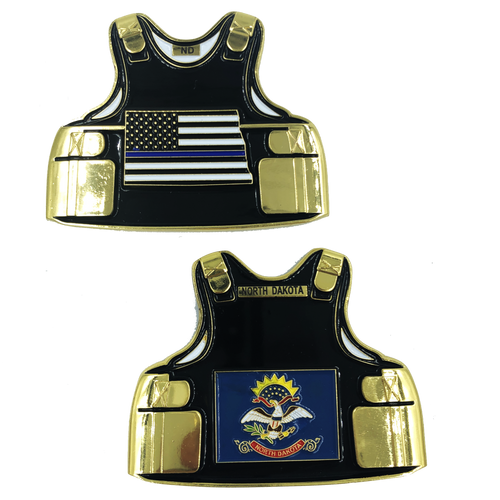 North Dakota LEO Thin Blue Line Police Body Armor State Flag Challenge Coins D-021 - www.ChallengeCoinCreations.com