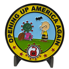 Load image into Gallery viewer, Charlie Brown Trump Pandemic Snoopy Parody Pandemic Opening Up America Again Challenge Coin CL10-04 - www.ChallengeCoinCreations.com