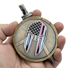 Load image into Gallery viewer, Breast Cancer Awareness Warrior Gladiator Survivor Thin Pink Line Shield with removable Sword Challenge Coin Set Police Sheriff Deputy Marines Army Air Force Navy Coast Guard EL3-019 - www.ChallengeCoinCreations.com