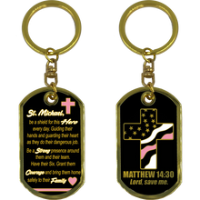 Load image into Gallery viewer, Breast Cancer Awareness Survivor Prayer Saint Michael Corrections Protect Us Matthew 14:30 Challenge Coin Dog Tag Keychain Thin Pink Line GL5-008 KCDT-12