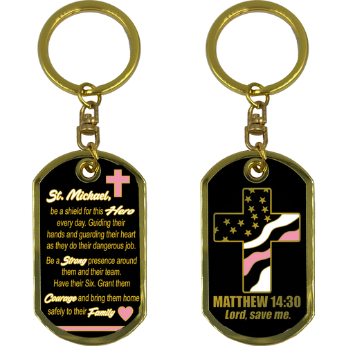 Breast Cancer Awareness Survivor Prayer Saint Michael Corrections Protect Us Matthew 14:30 Challenge Coin Dog Tag Keychain Thin Pink Line GL5-008 KCDT-12 (E)