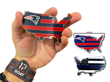 Load image into Gallery viewer, A-002 New England Patriots inspired Pats Nation THIN BLUE LINE US Map Challenge Coin Medallion large 3.5 inch with Boston Massachusetts police thin blue line flag back cloisonné A-002