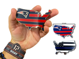 A-002 New England Patriots inspired Pats Nation THIN BLUE LINE US Map Challenge Coin Medallion large 3.5 inch with Boston Massachusetts police thin blue line flag back cloisonné A-002